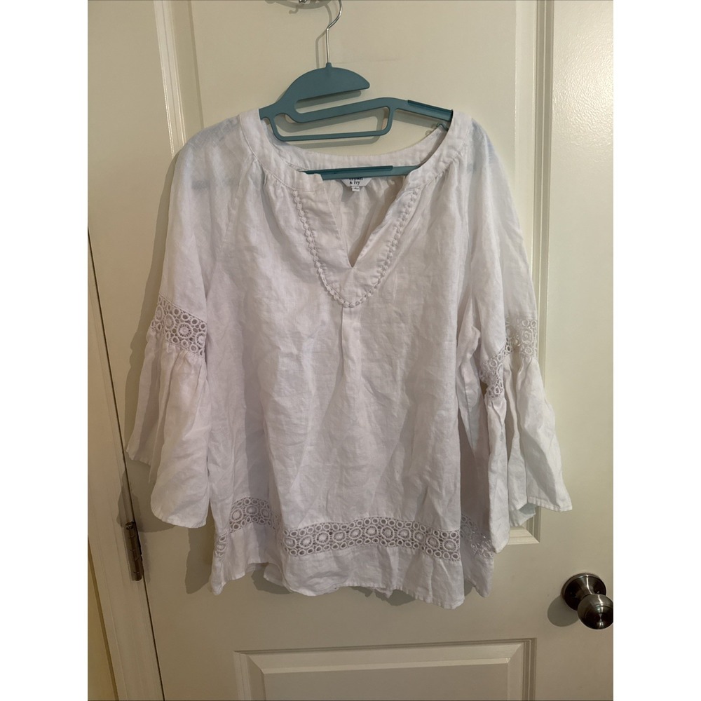 Crown Linen Designs 100% White Linen Tunic Top Bell Sleeve Boho Coastal Large